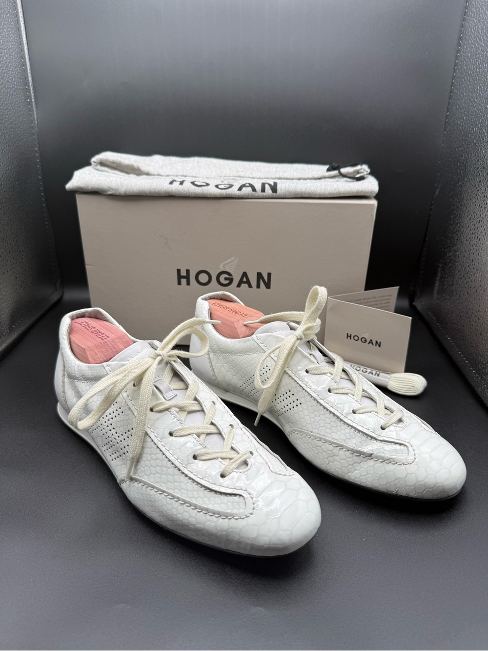 Hogan Olympia White Snakeskin-Embossed Leather Luxury Sneakers – Made in Italy
